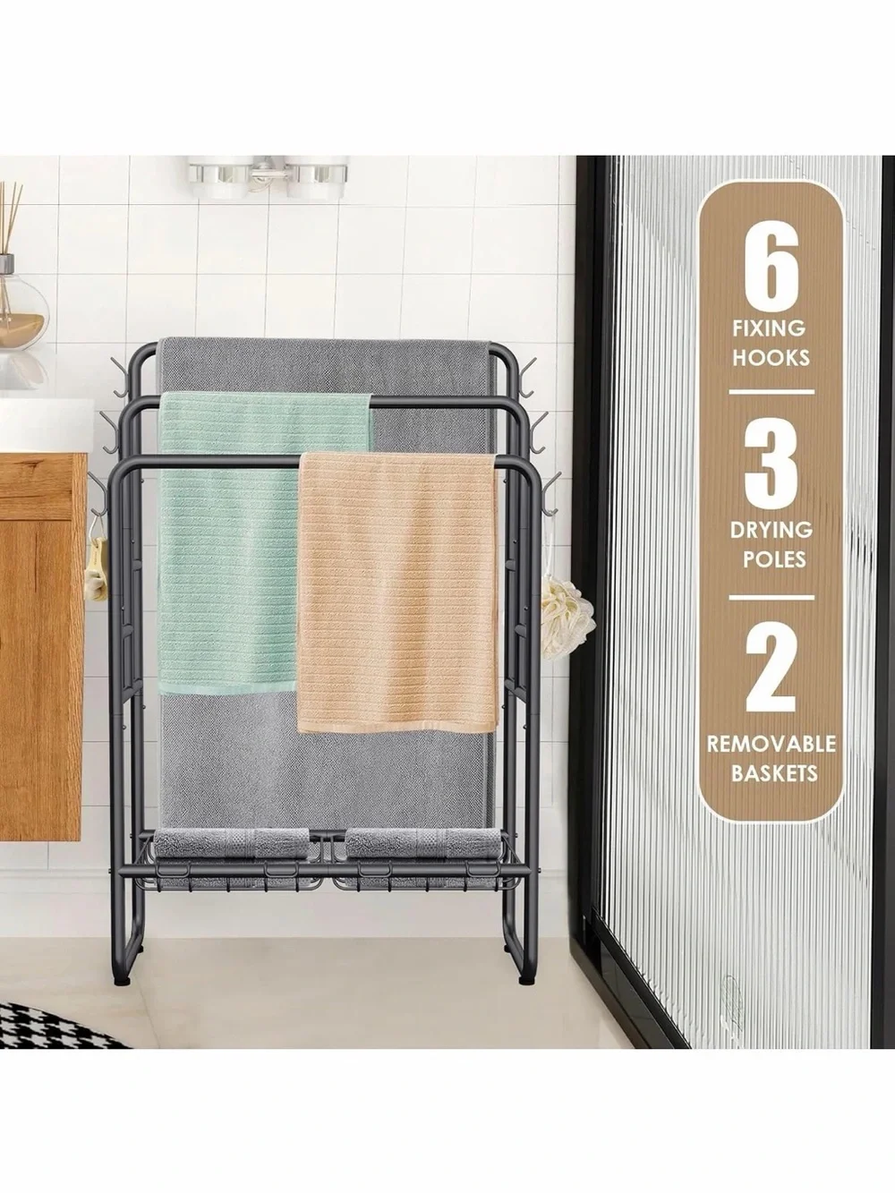 Black 40'' Freestanding 3 Tier Metal Towel Rack, 2 Baskets & 6 Hooks🪝